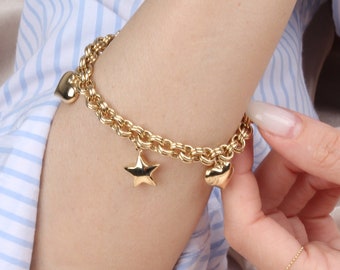 14k Gold Rolo Link Bracelet with Heart Star Charm | Thick Belcher Chain Bracelet, Sailor Lock , Puffy Heart Charm, Mothers Day Gift for Her