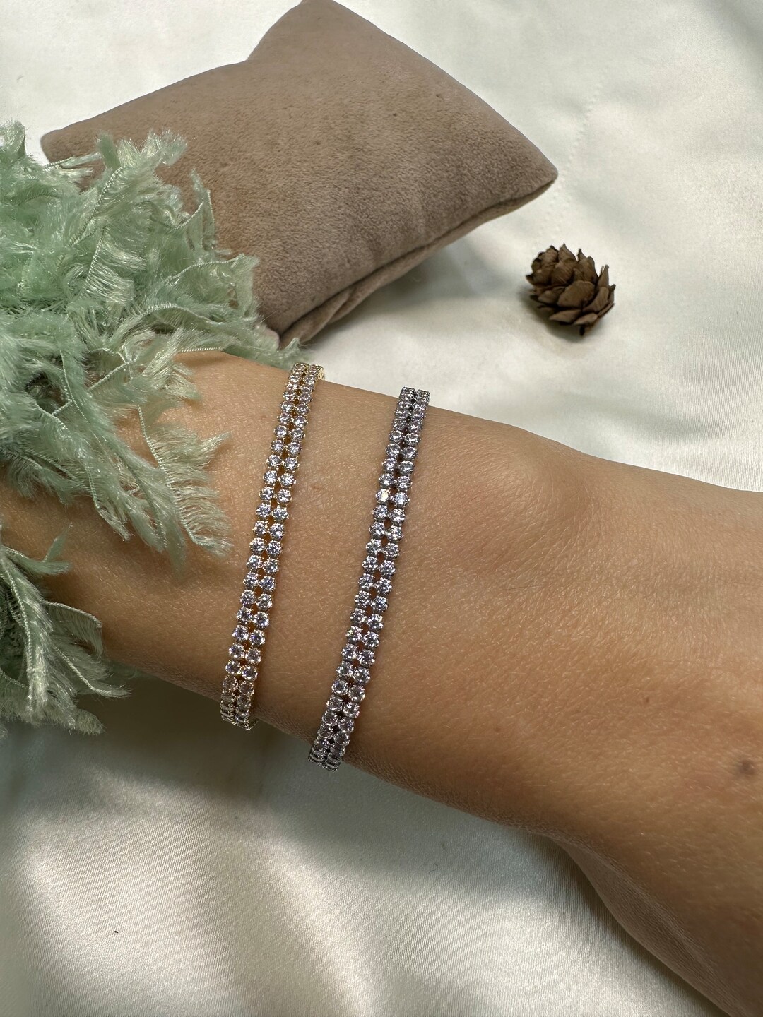 14k Gold Tennis Bracelet , Solid Gold Delicate Tennis Bracelet, White