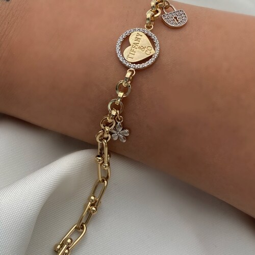 14k Gold Rolo Link Bracelet With Heart Charm Thick Belcher Etsy