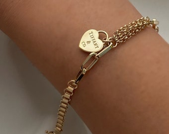 14k Gold Rolo Link Bracelet with Heart Charm | Thick Belcher Chain Gold Bracelet, Sailor Lock Clasp, Puffy Heart Charm | Christmas Gift