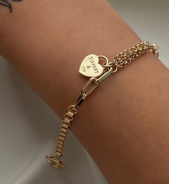 Women's Toggle Charm Bracelet, Dainty 18K Gold Plated Heart Bracelet Link Hand Chain Birthday Gift for Girl Friends