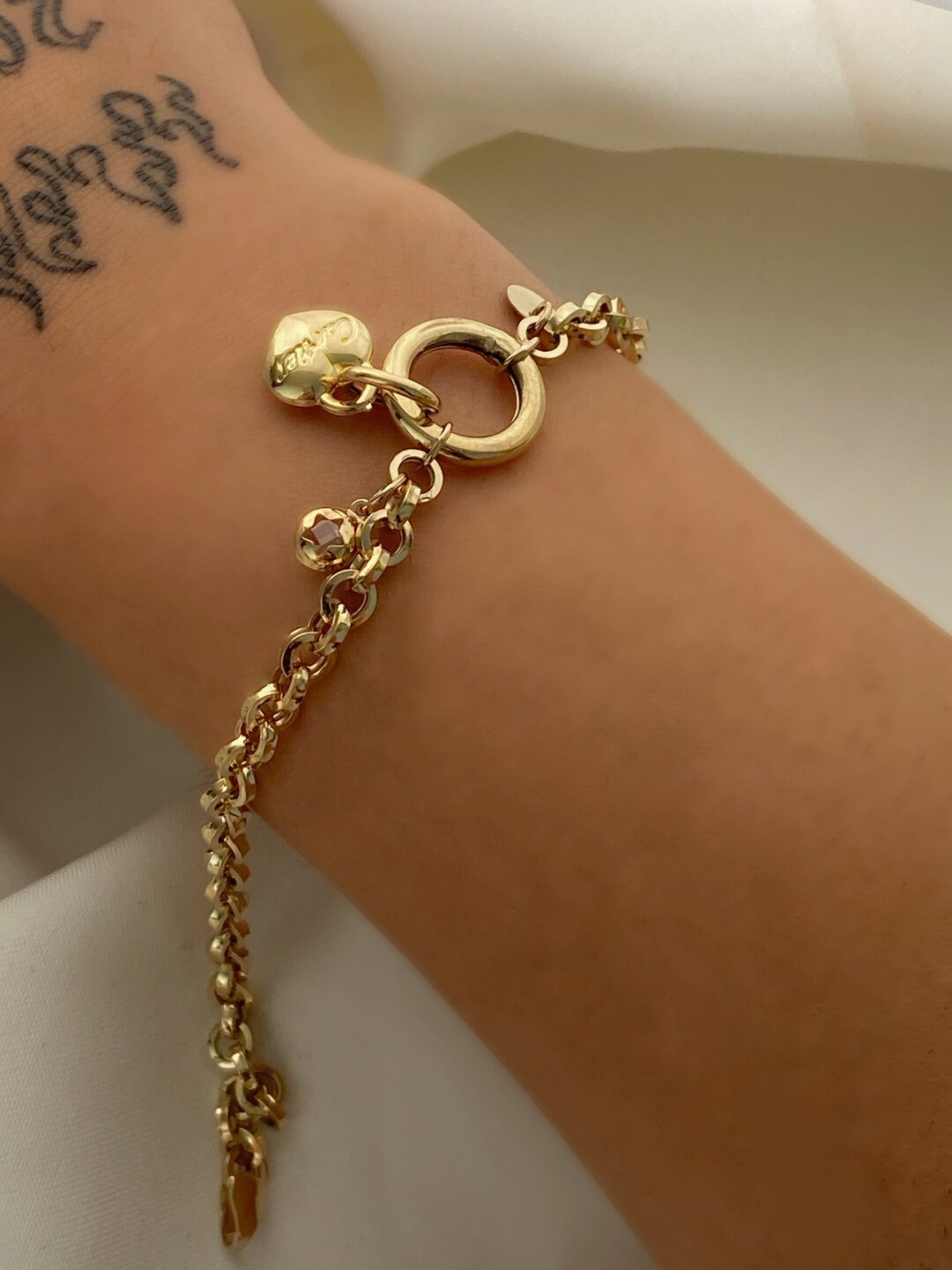 14k Gold Rolo Link Bracelet With Rolo Charm Thick Belcher Chain Gold