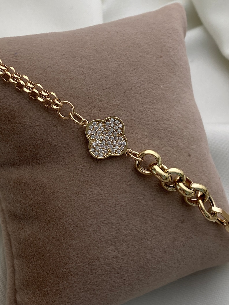 14k Gold Rolo Link Bracelet With Clover Charm Thick Belcher - Etsy