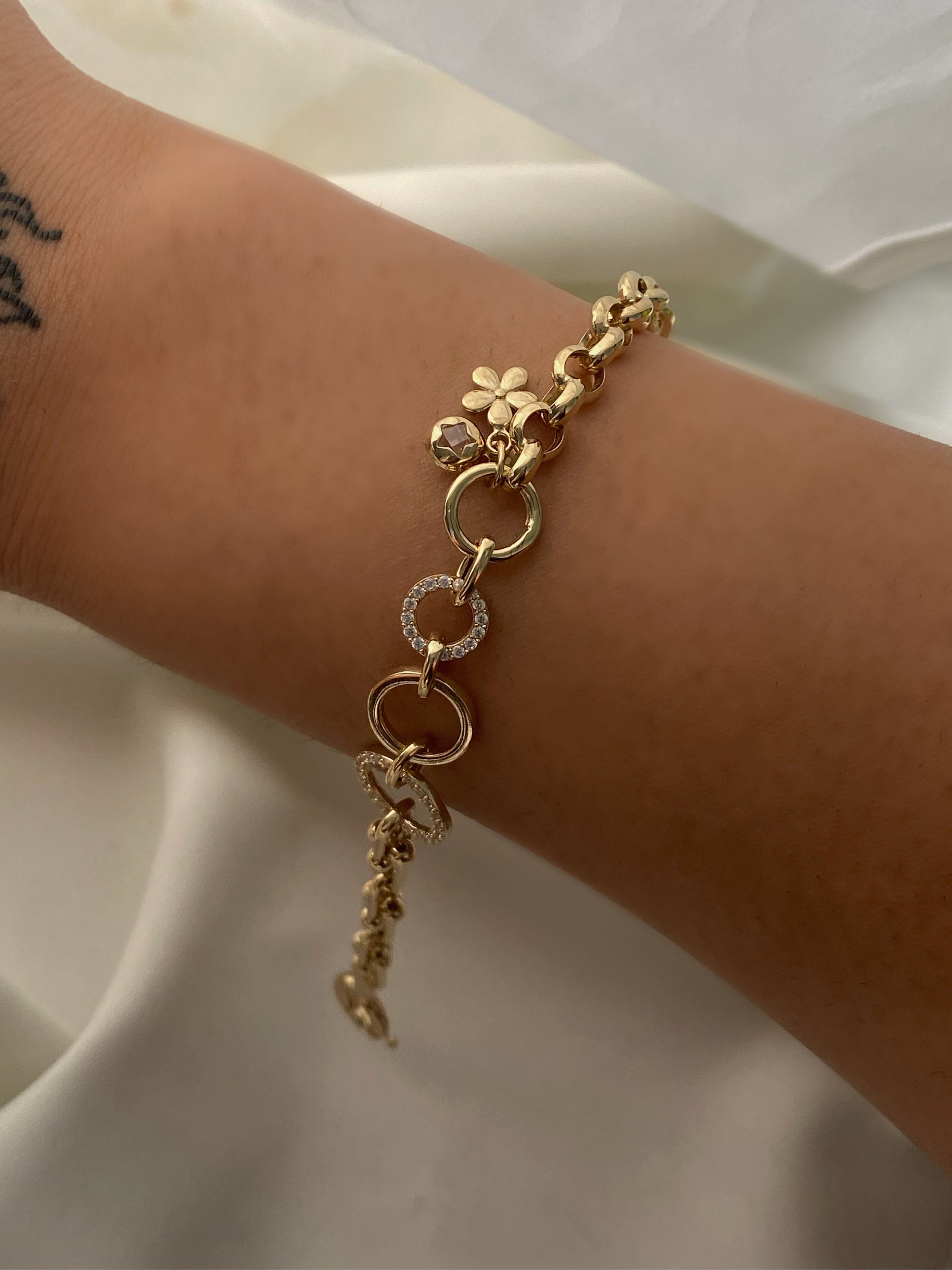 14K Gold Rolo Link & Paperclip Bracelet w/ Star Charm | Double Chain Handmade Dainty Bracelet, Everyday Fine Jewelry, Christmas Gift for Her