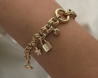 Pulsera de eslabones Rolo de oro de 14k con encanto Rolo / pulsera de oro de cadena Belcher gruesa, cierre de bloqueo marinero, encanto Rolo hinchado / regalo de San Valentín