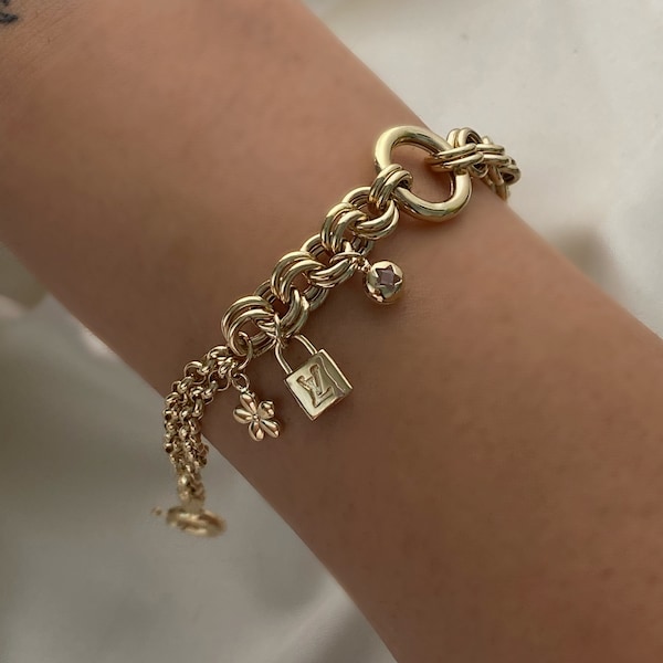 14k Gold Rolo Link Bracelet with Rolo Charm | Thick Belcher Chain Gold Bracelet, Sailor Lock Clasp, Puffy Rolo Charm | Valentines Gift