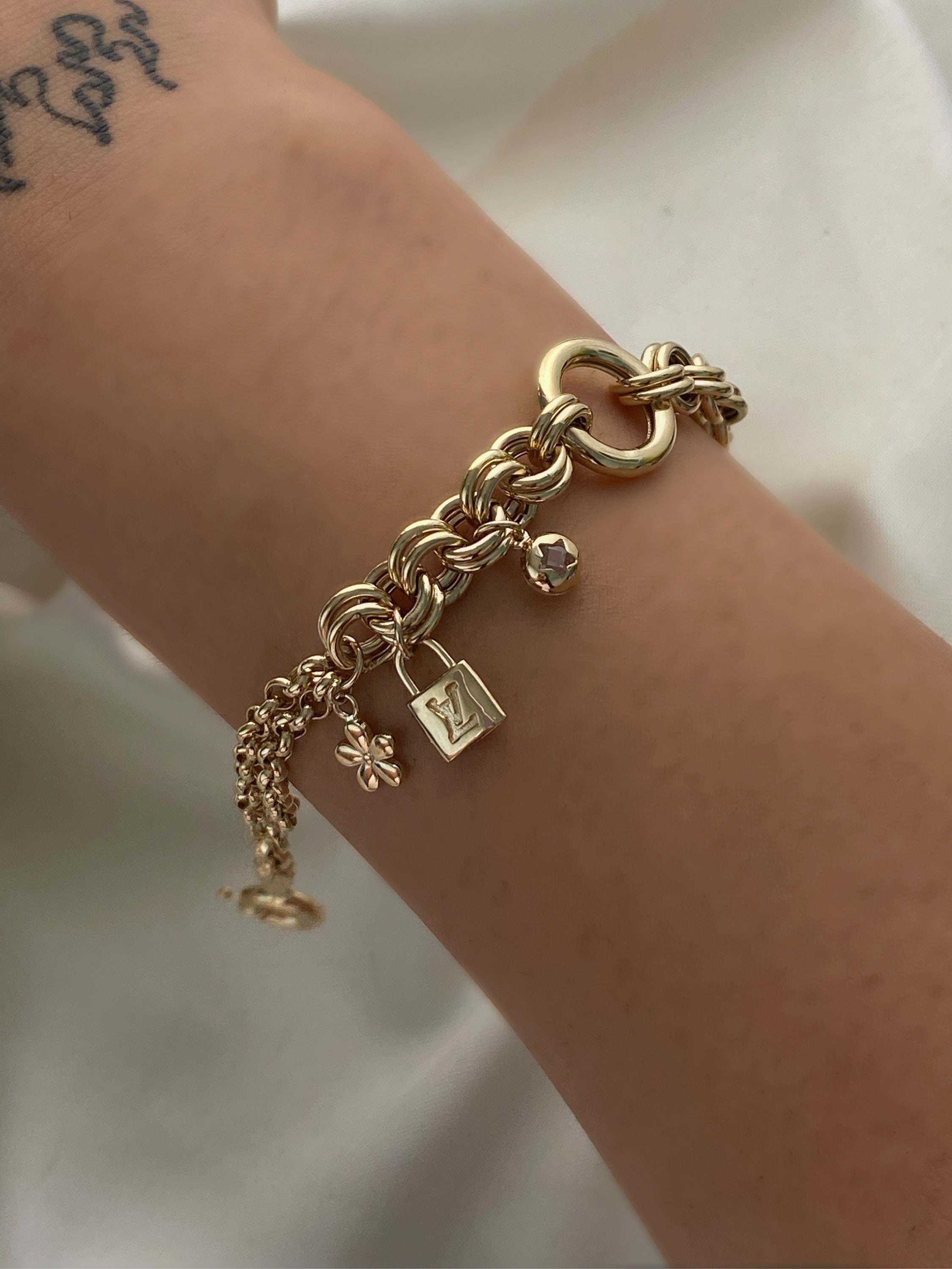 14k 7 Yellow Gold Charm Bracelet with Spring Ring Clasp ADJUSTABLE sizing  for any size up to 8