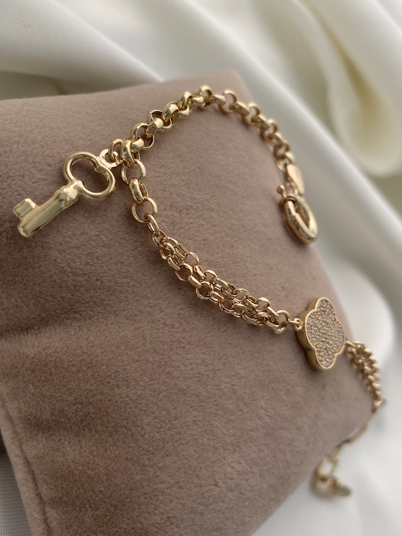 14k Gold Rolo Link Bracelet With Clover Charm Thick Belcher - Etsy
