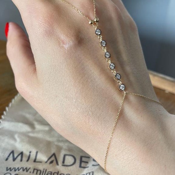 14K Solid Gold 14k Stone Slave Bracelet- Gold hand chain Stone bracelet-Minimalist slave bracelet-Dainty gold slave bracelet, Christmas Gift