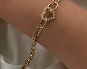 14k Gold Rolo Link Bracelet with Heart Charm | Thick Belcher Chain Gold Bracelet, Sailor Lock Clasp, Puffy Heart Charm | Christmas Gift