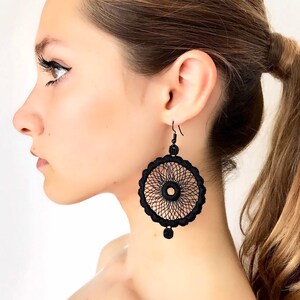 Black lace earrings, black textile earrings, black geometric earrings, black statement earrings, lace earrings  •Limited Edition•