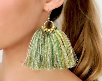 Green boho earrings, green tassel earrings, rainbow tassel earrings, green statement earrings, textile earrings, unique tassels