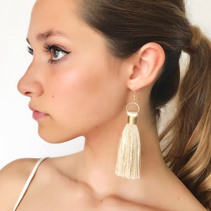 Beige silk tassel earrings, boho statement tassels, silk earrings, silk tassels, textile earrings, gift earrings
