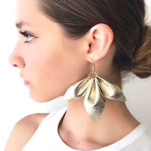 Gold leaf earrings, flower earrings, statement earrings, leather earrings, boho gold earrings, gift earrings
