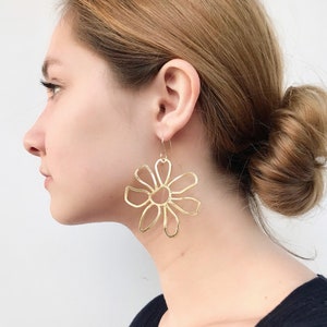 Large gold flower earrings, floral earrings, bohemian earrings, leaf earrings, statement earrings, minimalist earrings, gift for her