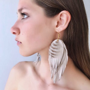 Beige leather feather earrings, statement leather earrings, boho earrings