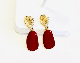 Ruby Red Glass Earrings Gold Filled Wishbone Earrings Modern Look