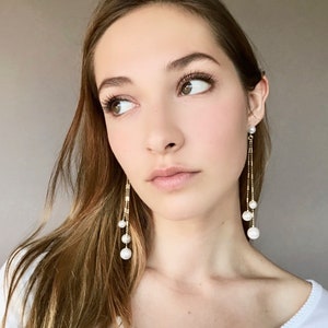 Long pearl drop earrings, statement pearl earrings, unique earrings, geometric earringsChristmas gift