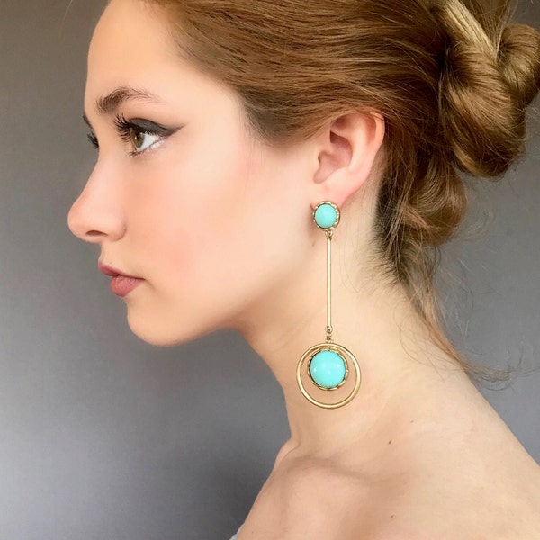 Statement turquoise earrings, large drop earrings, geometric turquoise earrings, disk drop earrings, gift earrings, design earrings, gift