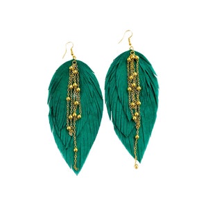 Green and gold leather earrings, feather earrings, statement earrings, boho earrings, leather jewelry, large green earrings, gift for mom