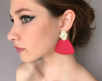 Red geometric earrings, large green modern earrings, red clay earrings, red statement earrings, contemporary earrings