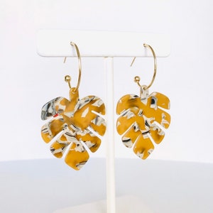 Caramel monstera leaf earrings, lightweight earrings, statement leaf earrings, floral hoops, mother gift, bohemian jewelry, gift idea