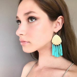 Turquoise tassel earrings, gold brass earrings, geometric earrings, statement earrings, turquoise drop earrings, birthday gift