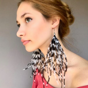 Black and white striped feather tassels, statement ostrich feather earrings, unique feather tassels, boho earrings * LIMITED EDITION * gifts