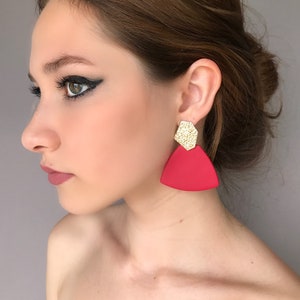 Red geometric earrings, large green modern earrings, red clay earrings, red statement earrings, contemporary earrings