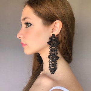 Black lace earrings, French lace earrings, black textile earrings, statement black earrings, lightweight earrings   •Limited Edition•