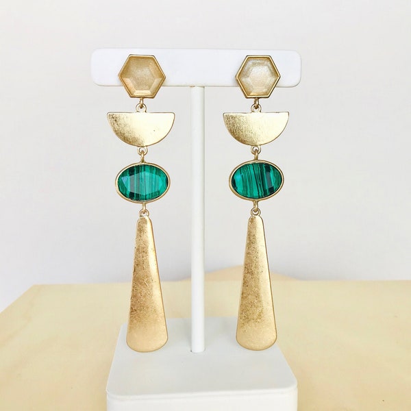 Gold statement earrings, large dangle earrings, geometric earrings, brass drop earrings, design earrings, unique earrings, gift for her