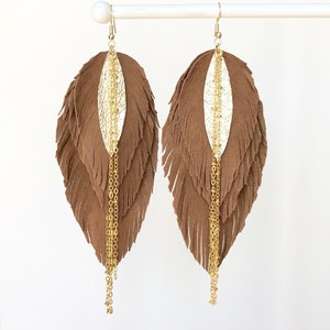 Brown leather earrings, large leaf earrings, statement  leather feather earrings, bohemian earrings