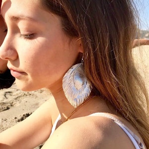 Silver Leaf Earrings, Silver leather Earrings, Boho Earrings, Lightweight Earrings, Statement Earrings, gift for her, floral earrings, gifts