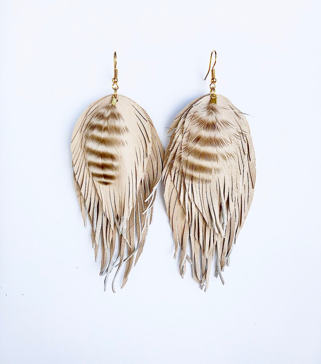 Beige leather feather earrings statement leather earrings | Etsy