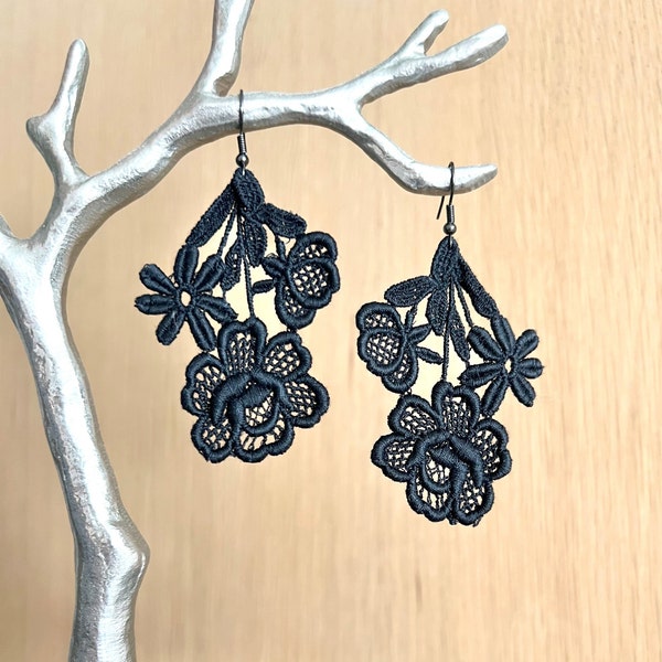 Black flower lace earrings, black cotton earrings, French lace earrings, black textile earrings, gift earrings, lightweight earrings, gifts