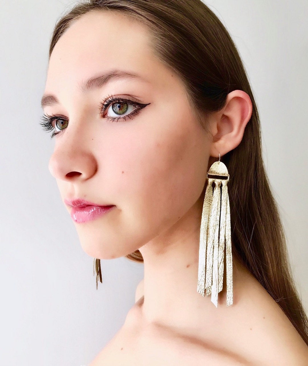 Golden Tassel Earrings, Golden Leather Earrings, Statement Leather ...