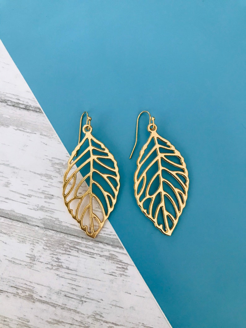 Statement Earrings Gold Leaf Earrings Boho Metal Earrings laser Cut Golden Earrings Feather Earrings