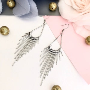 Silver tassel earrings, star statement earrings, silver arrow earrings, dangle drop earrings, silver boho drop earrings, gift for her