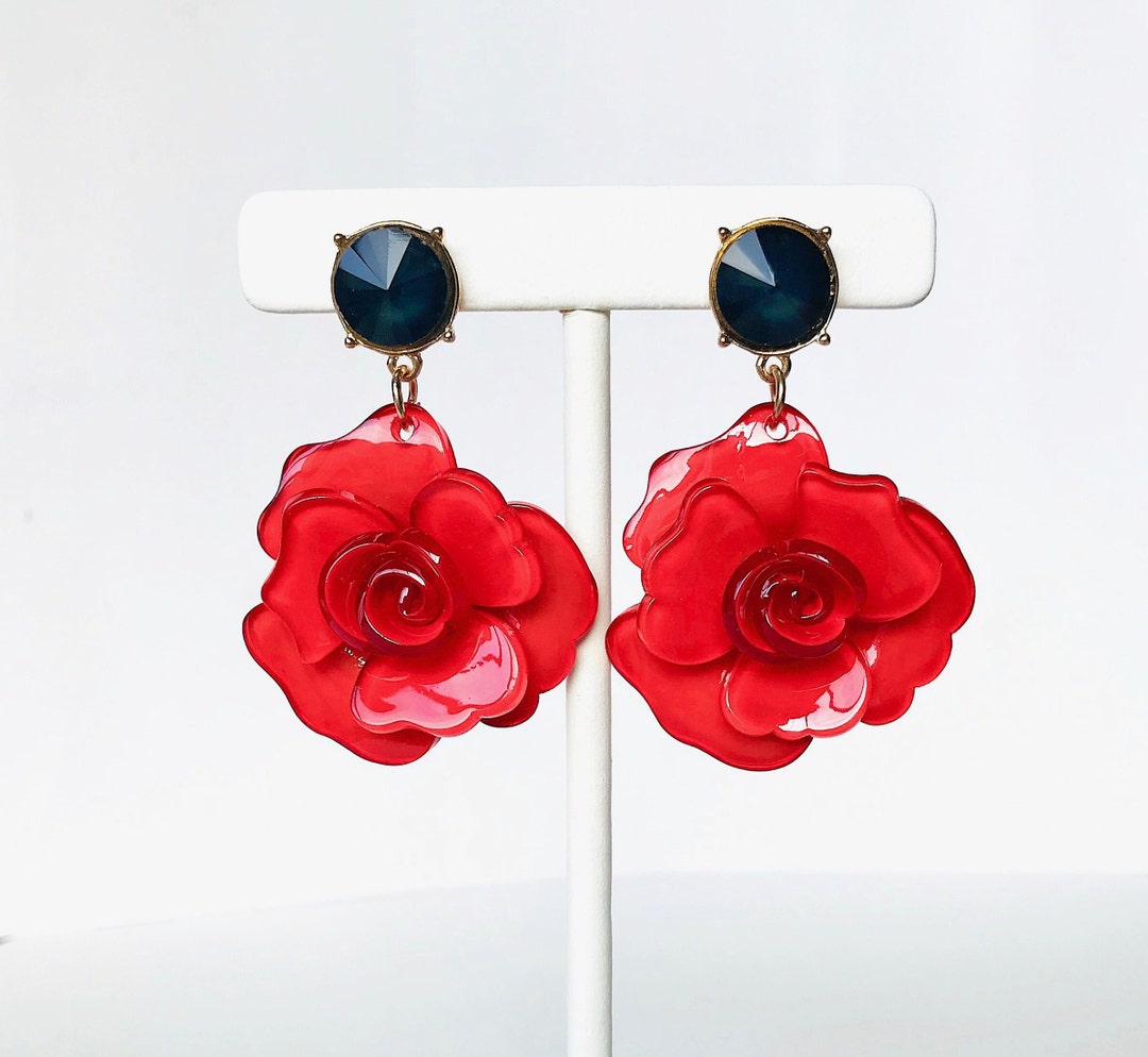 Red Flower Earrings, Large Acrylic Flower Earrings, Red Boho Earrings