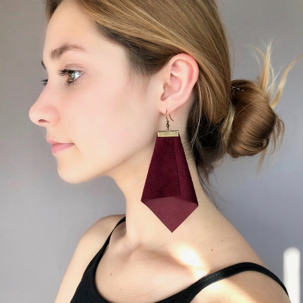 Maroon leather earrings, large maroon geometric earrings, long maroon drop earrings, ruby red statement earrings, contemporary earrings