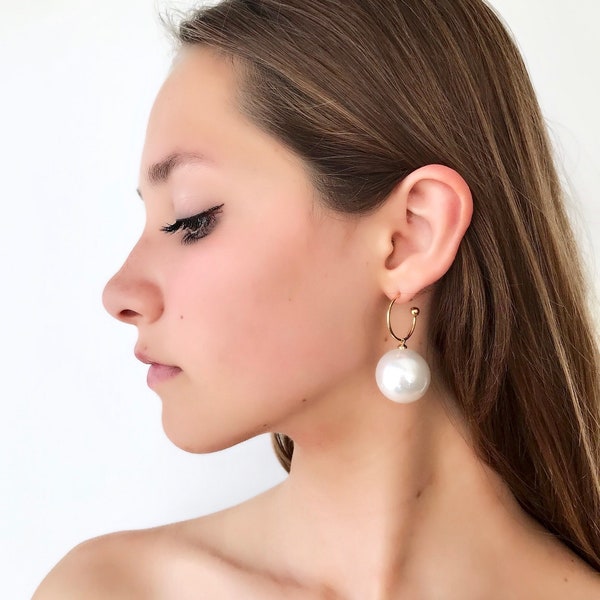 Large pearl statement earrings, pearl hoop earrings, unique earrings, geometric earrings, bridal earrings, gift for her, elegant earrings