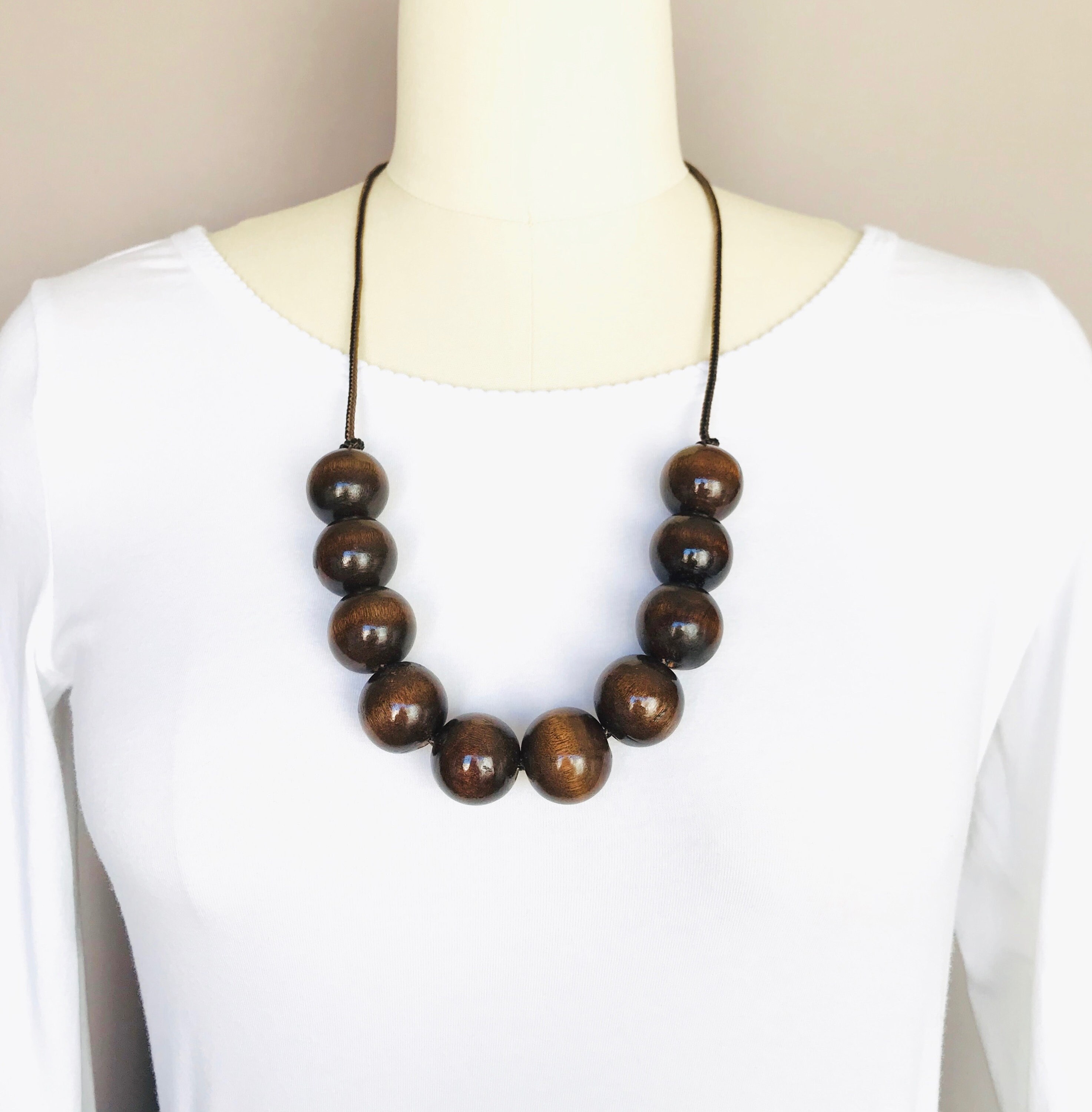 Brown Wood Necklace Large Brown Bead Necklace Boho Necklace Etsy