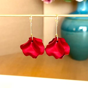 Red petal dangle earrings, statement earrings, cascade petal earrings, design earrings, red flower earrings, unique earrings, gift for her