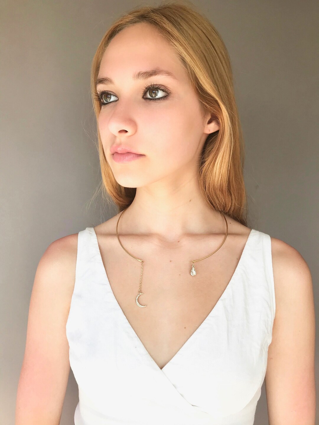 Minimalist Gold Wire Necklace, Gold Moon Necklace, Rhinestone Moon