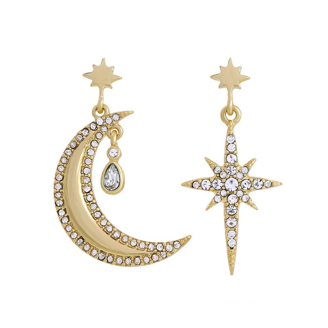 Crystal Star and Moon Earrings, Statement Celestial Earrings, Crystal ...