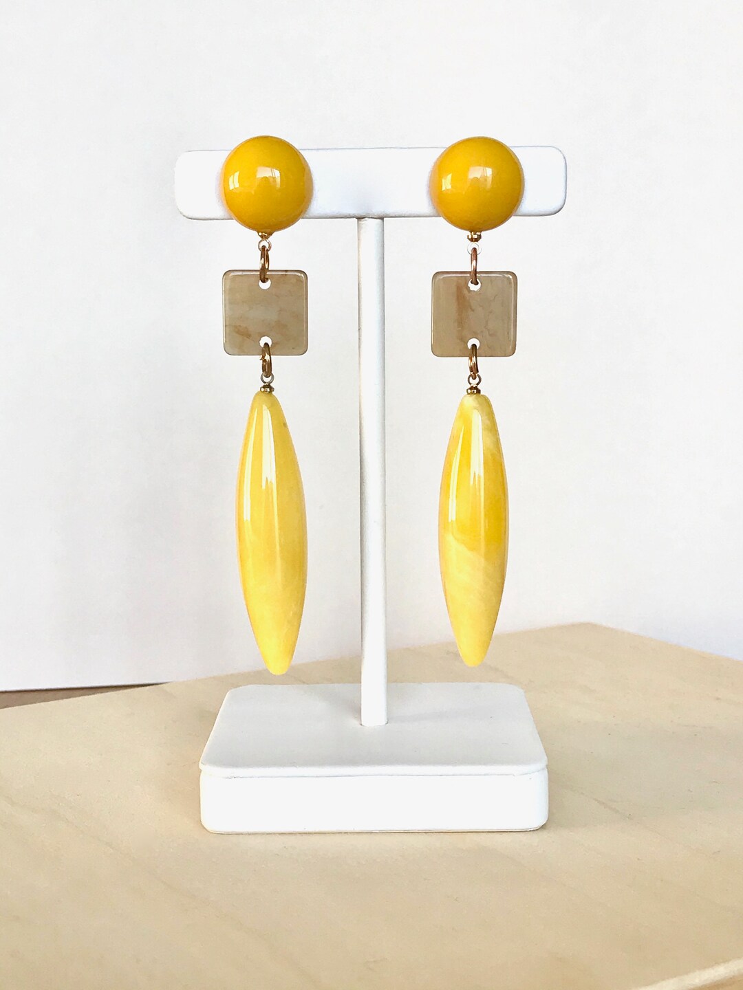Mustard Yellow Drop Earrings, Statement Geometric Earrings, Long Dangle