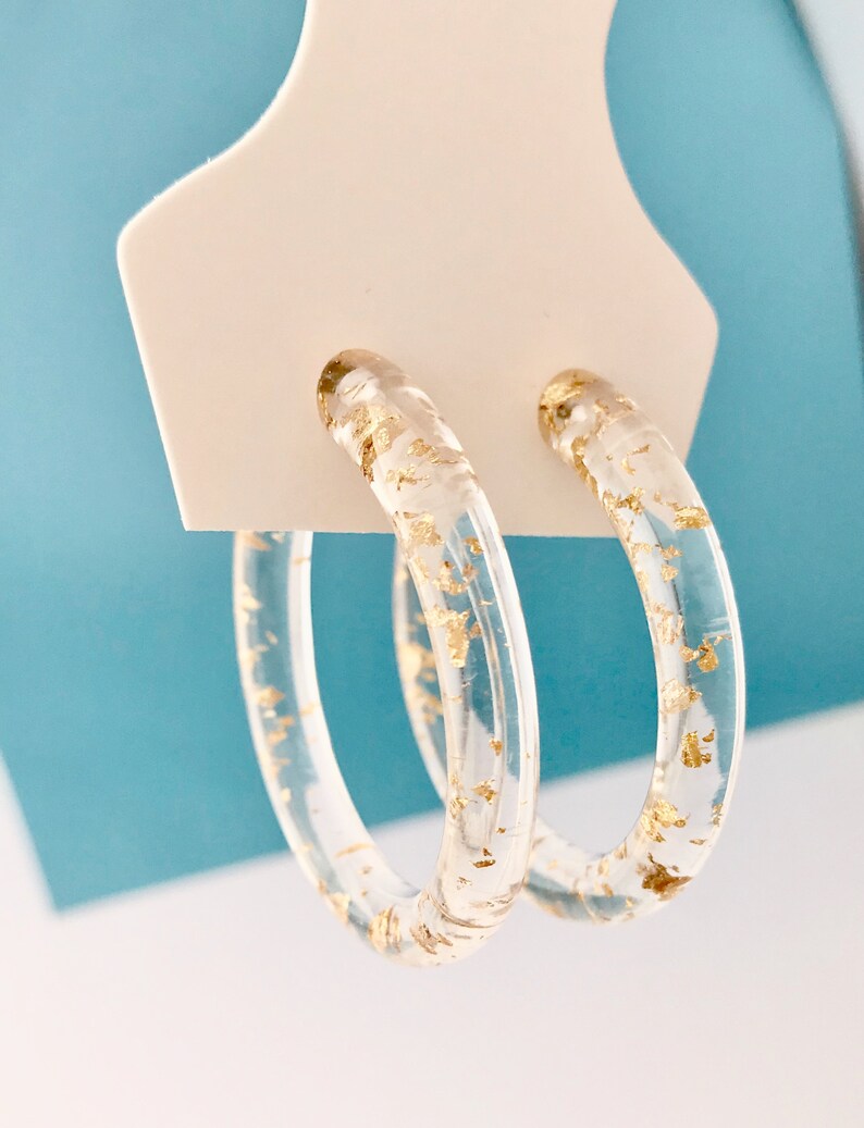 Clear Acrylic Golden Hoops Golden Flakes Hoops Statement Etsy