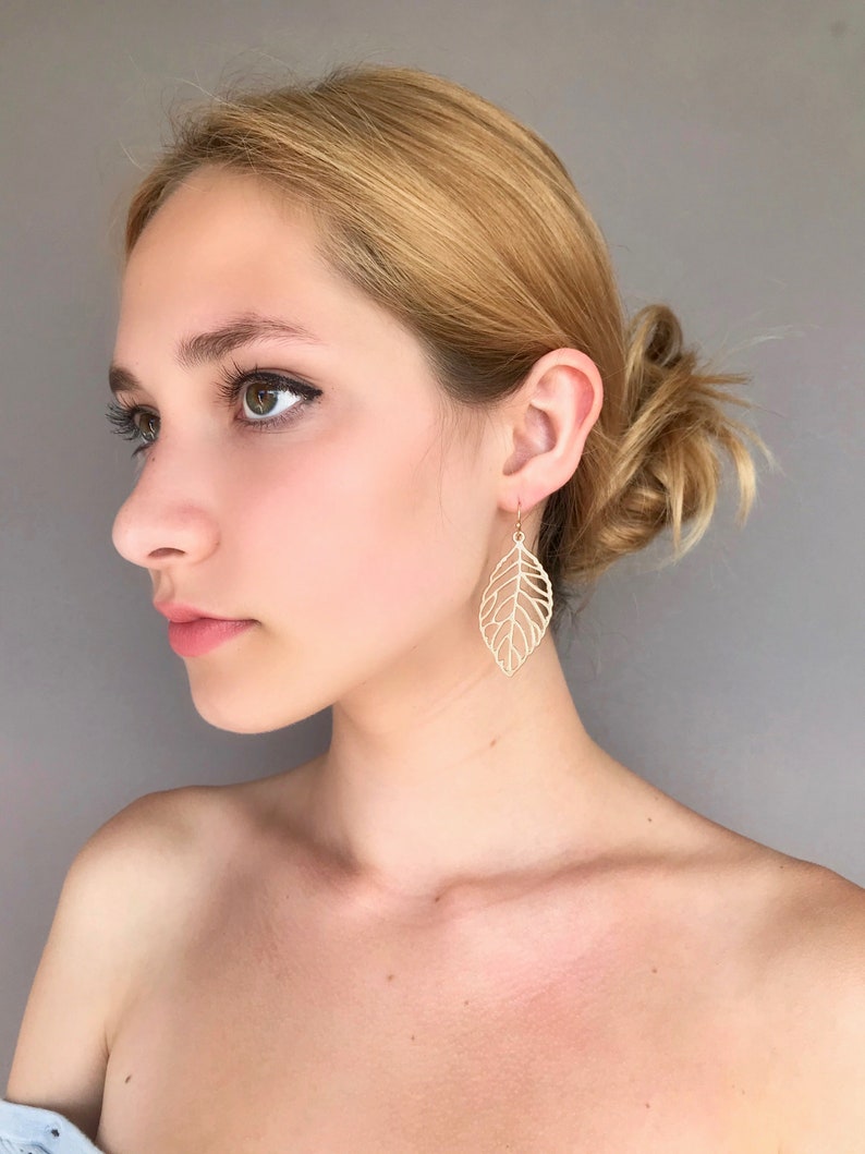 Statement Earrings Gold Leaf Earrings Boho Metal Earrings laser Cut Golden Earrings Feather Earrings