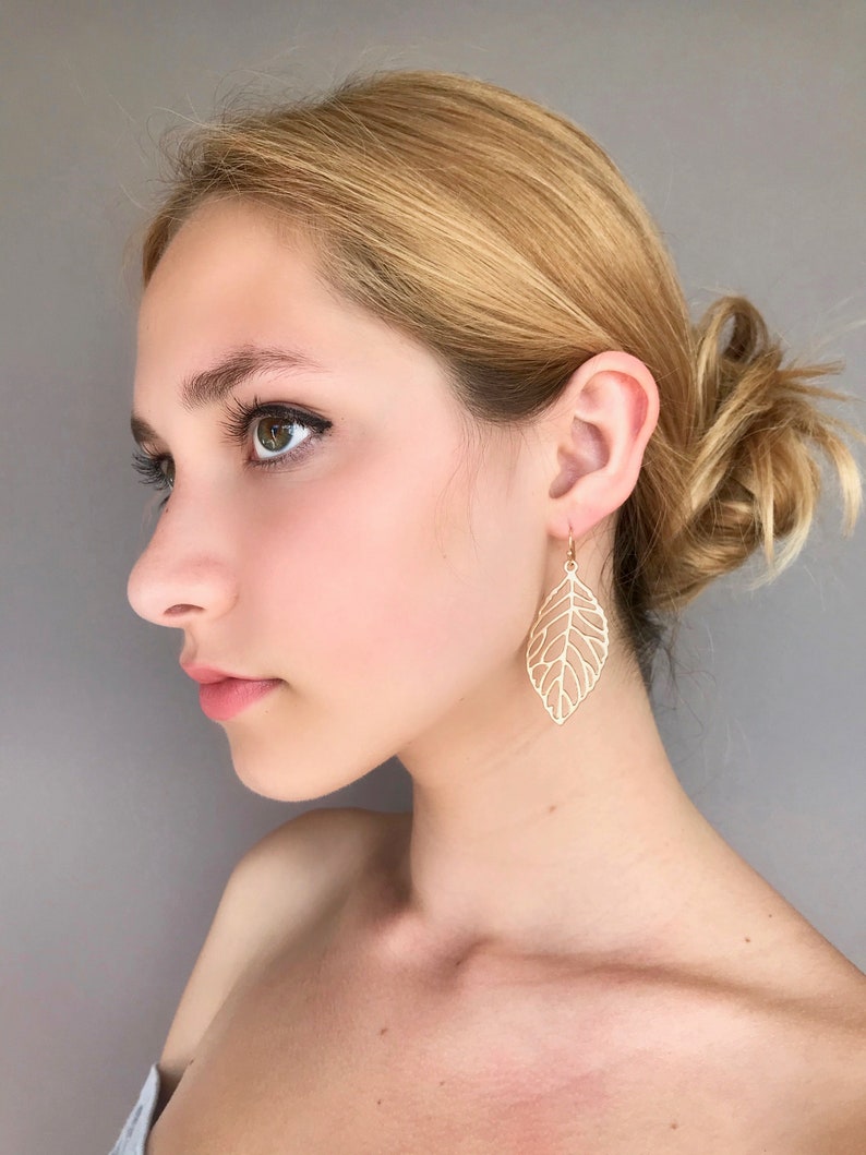 Statement Earrings Gold Leaf Earrings Boho Metal Earrings laser Cut Golden Earrings Feather Earrings