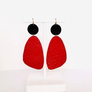Red and black leather earrings, modern geometric earrings, contemporary earrings, red statement earrings, minimalistic earrings